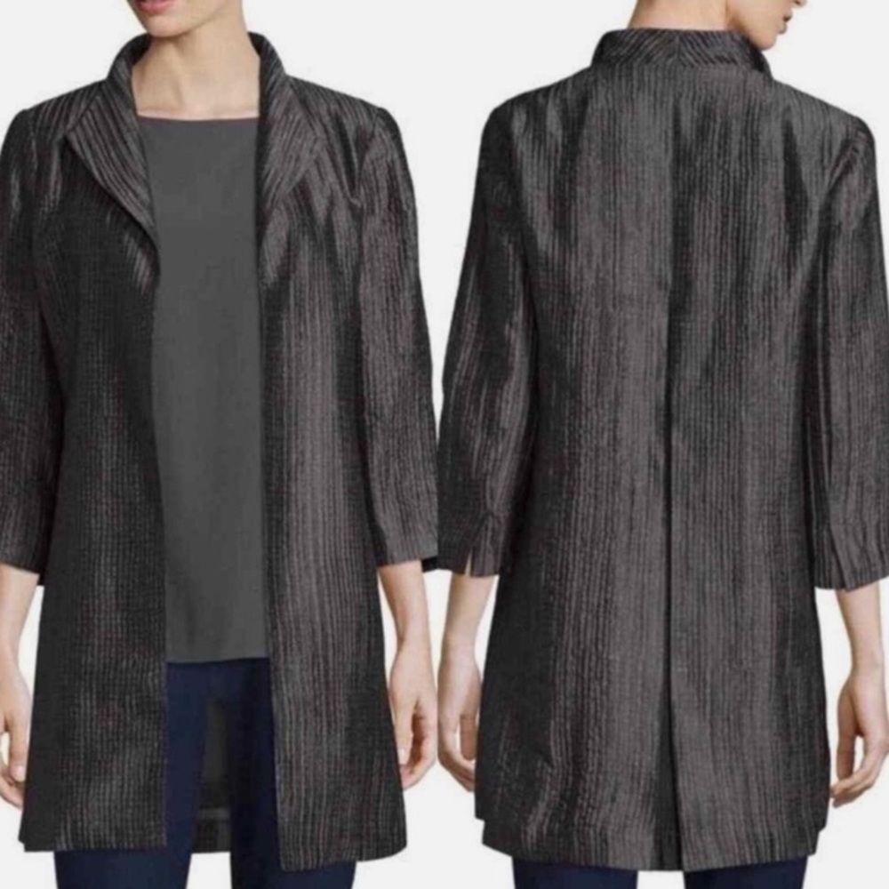 Eileen Fisher Silk Groove Open Front High Collar Coat/Jacket/Duster